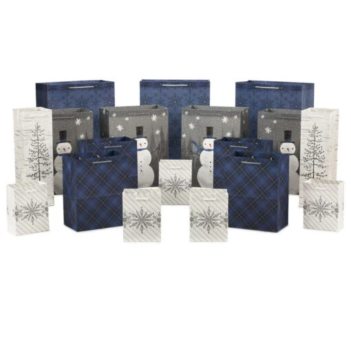 Hallmark Bulk Blue And Gray 18-Pack Holiday Gift Bags, Assorted Sizes And Designs