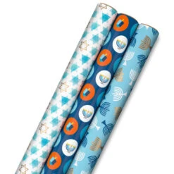 Hallmark Blue Hanukkah Designs 3-Pack Wrapping Paper Assortment, 120 Sq. Ft.